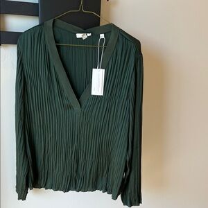 Vince Deep Green Pleated V-Neck Blouse